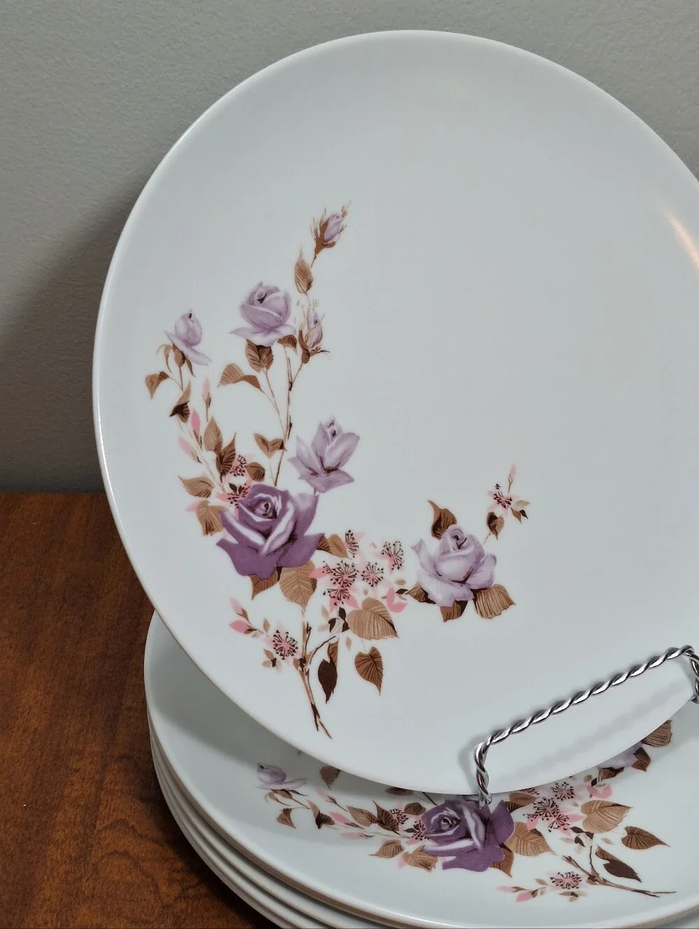 Vtg Set Of 6 Park Avenue Melmac 10 In Dinner Plates Atomic Lavendar Roses Floral